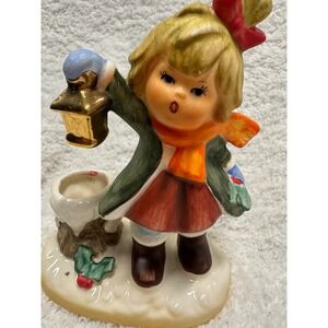 Vintage Winter Girl Figurine with Gold Lantern and Candle Holder X8368 5 inch